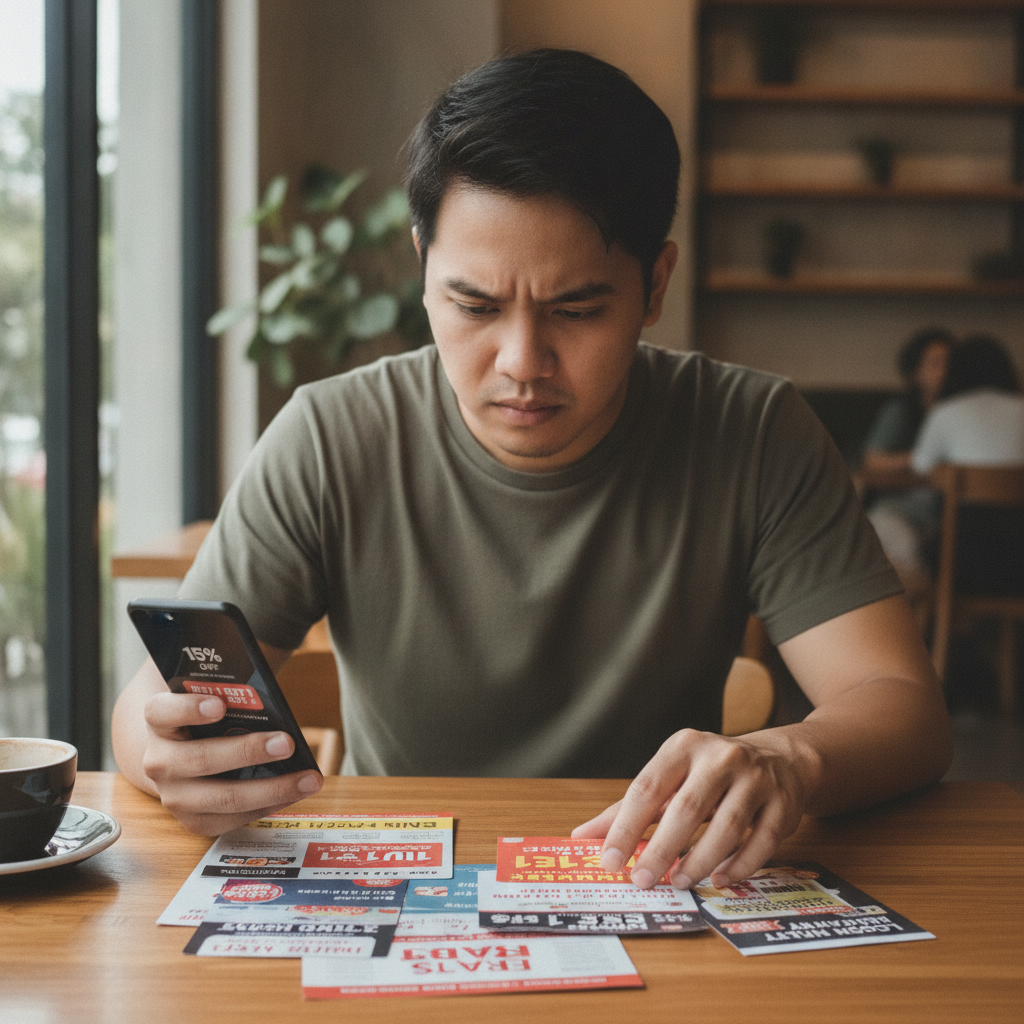 Filipino player comparing casino bonus offers on mobile phone at cafe table